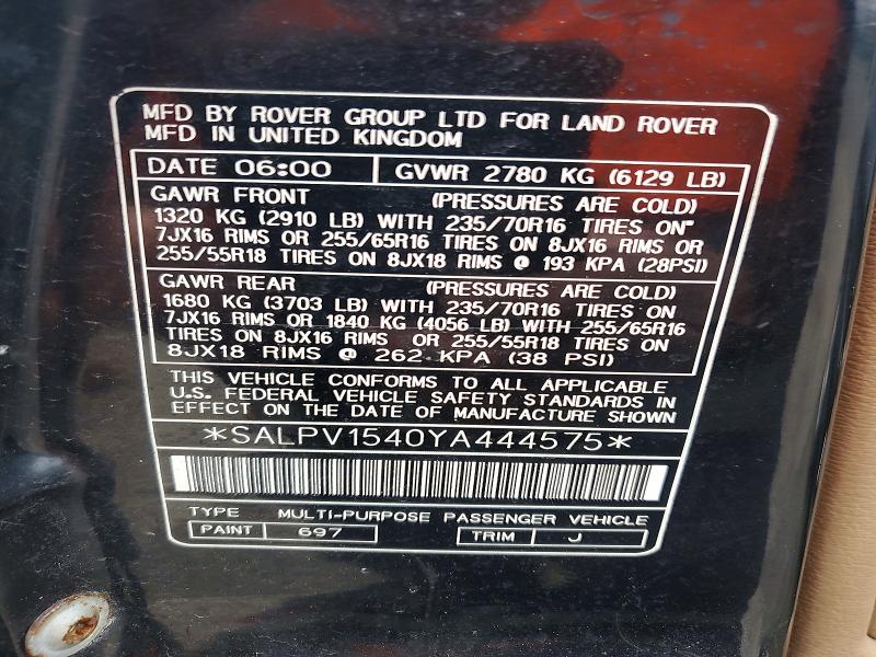 47256286 :رقم المزاد ، SALPV1540YA444575 vin ، 2000 Land Rover Range Rover مزاد بيع