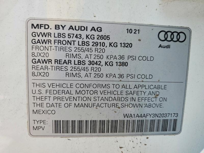 Продажа на аукционе авто 2022 Audi Sq5, vin: WA1A4AFY3N2037173, номер лота: 79959185