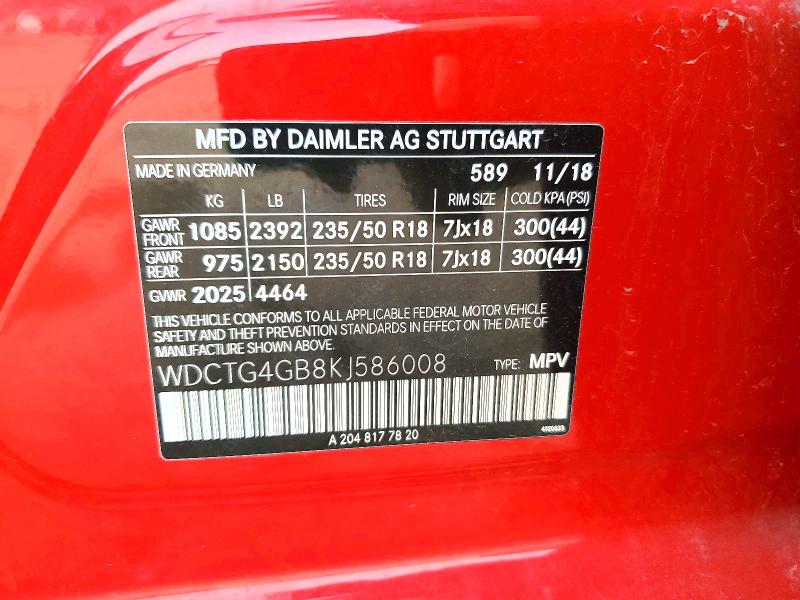 2019 Mercedes-benz Gla მანქანა იყიდება აუქციონზე, vin: WDCTG4GB8KJ586008, აუქციონის ნომერი: 46813626