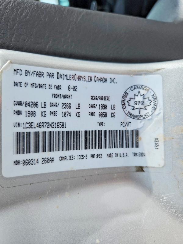 2002 Chrysler Sebring მანქანა იყიდება აუქციონზე, vin: 1C3EL46R72N316581, აუქციონის ნომერი: 48168876