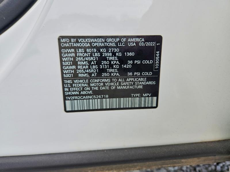 Aukcja sprzedaży 2022 Volkswagen Atlas, vin: 1V2FR2CA6NC526718, numer aukcji: 48222566
