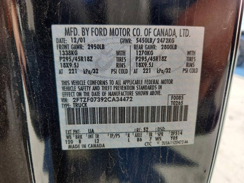 47401806 :رقم المزاد ، 2FTZF07392CA34472 vin ، 2002 Ford F150 مزاد بيع