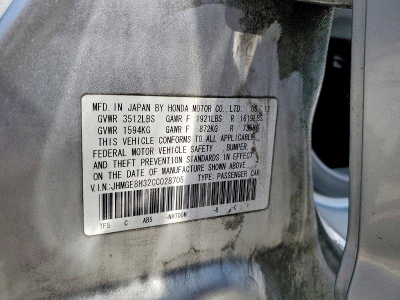 46975196 :رقم المزاد ، JHMGE8H32CC028705 vin ، 2012 Honda Fit مزاد بيع