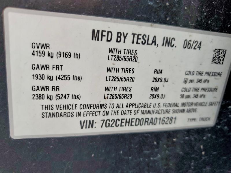 41589576 :رقم المزاد ، 7G2CEHED0RA016281 vin ، 2024 Tesla Cybertruck مزاد بيع