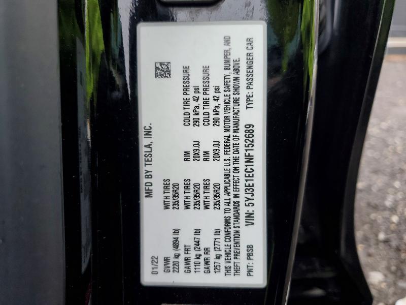 79806945 :رقم المزاد ، 5YJ3E1EC1NF152689 vin ، 2022 Tesla Model 3 مزاد بيع