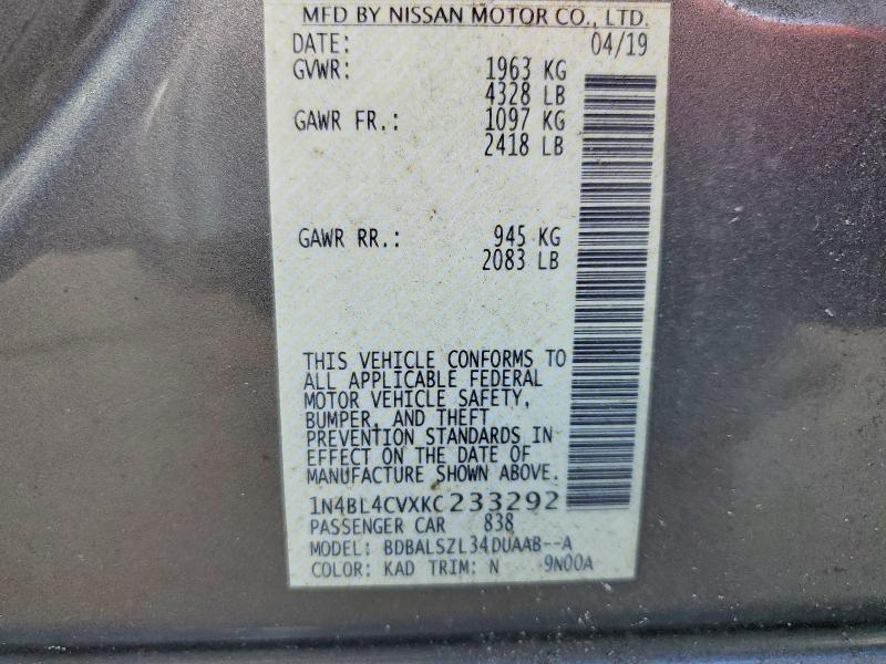 2019 Nissan Altima მანქანა იყიდება აუქციონზე, vin: 1N4BL4CVXKC233292, აუქციონის ნომერი: 79314285