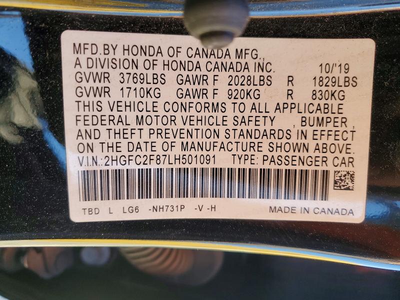 Продаж на аукціоні авто 2020 Honda Civic, vin: 2HGFC2F87LH501091, номер лоту: 79643305