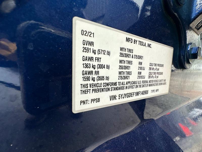 2021 Tesla Model Y მანქანა იყიდება აუქციონზე, vin: 5YJYGDEF1MF140908, აუქციონის ნომერი: 45951536