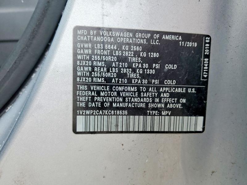 Продажа на аукционе авто 2019 Volkswagen Atlas, vin: 1V2WP2CA7KC618535, номер лота: 46037546