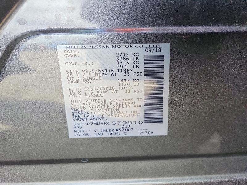 Продаж на аукціоні авто 2019 Nissan Pathfinder, vin: 5N1DR2MM9KC579910, номер лоту: 41721416