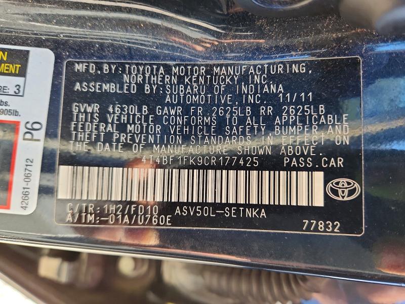 46275656 :رقم المزاد ، 4T4BF1FK9CR177425 vin ، 2012 Toyota Camry مزاد بيع