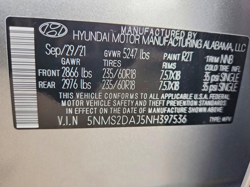 47507536 :رقم المزاد ، 5NMS2DAJ5NH397536 vin ، 2022 Hyundai Santa Fe مزاد بيع