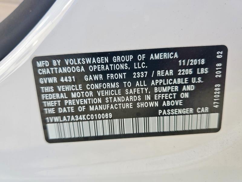 47328606 :رقم المزاد ، 1VWLA7A34KC010069 vin ، 2019 Volkswagen Passat مزاد بيع