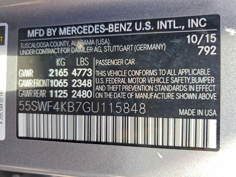 41994286 :رقم المزاد ، 55SWF4KB7GU115848 vin ، 2016 Mercedes-benz C مزاد بيع
