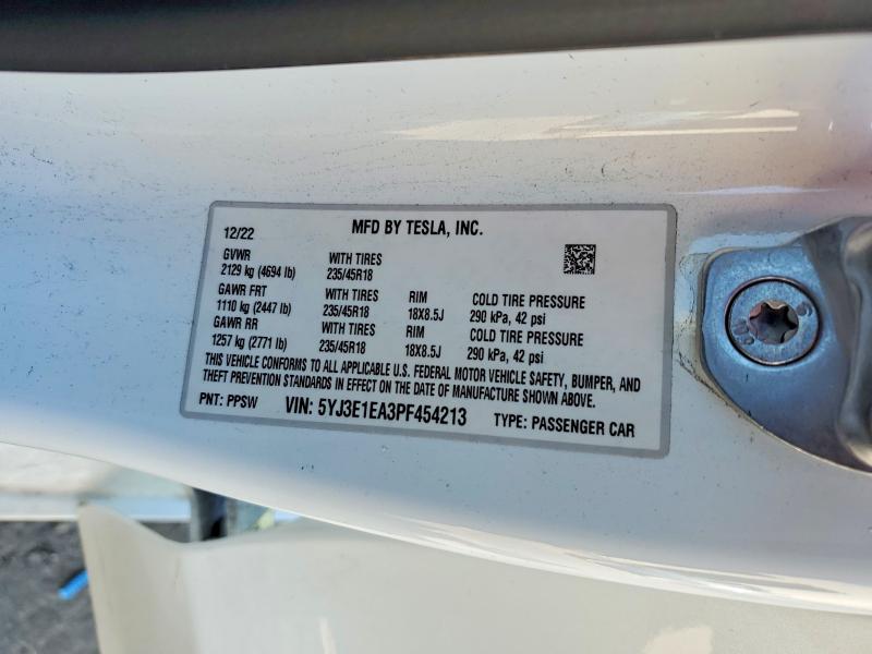 2023 Tesla Model 3 მანქანა იყიდება აუქციონზე, vin: 5YJ3E1EA3PF454213, აუქციონის ნომერი: 79298405