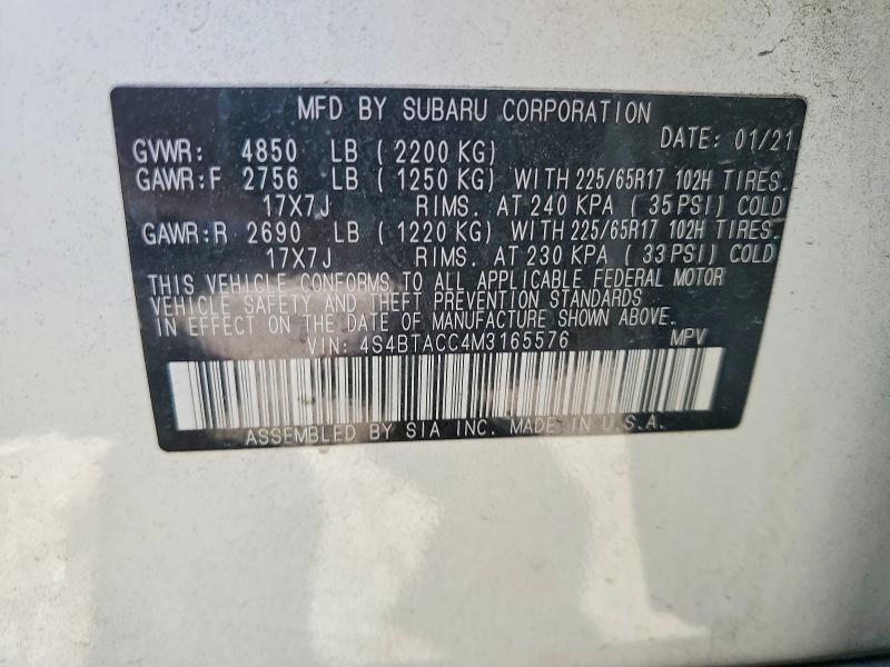45567656 :رقم المزاد ، 4S4BTACC4M3165576 vin ، 2021 Subaru Outback مزاد بيع