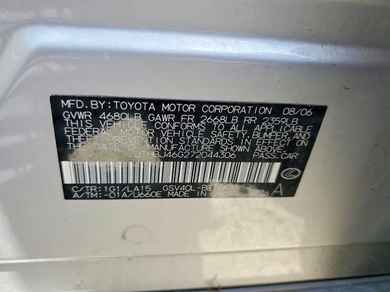 47945156 :رقم المزاد ، JTHBJ46G272044306 vin ، 2007 Lexus Es 350 مزاد بيع
