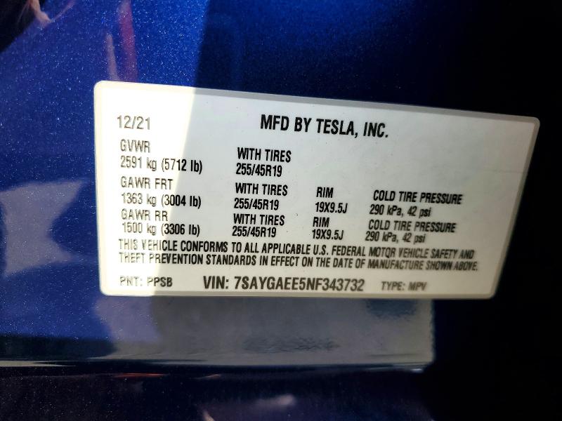 2022 Tesla Model Y მანქანა იყიდება აუქციონზე, vin: 7SAYGAEE5NF343732, აუქციონის ნომერი: 79568225