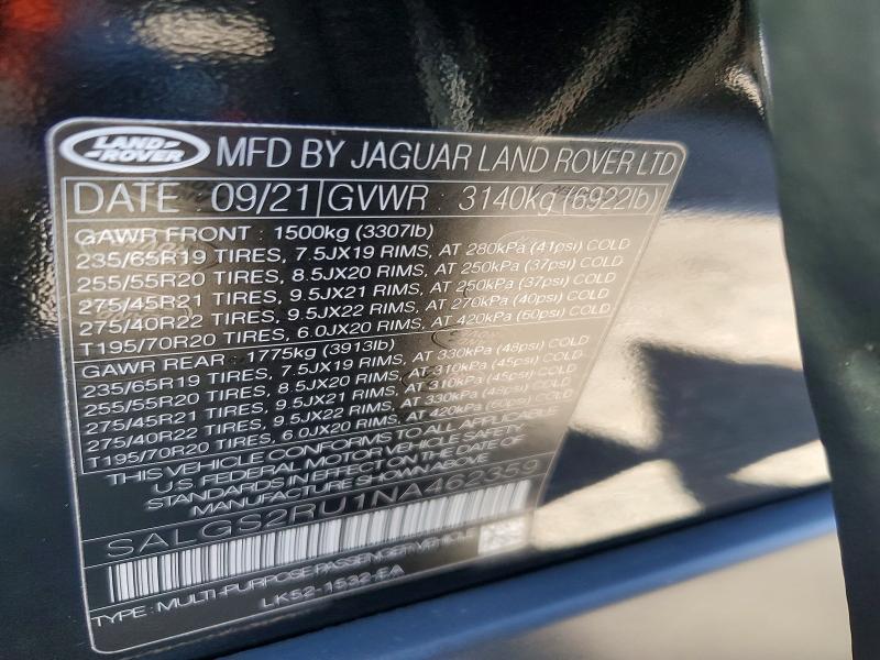 Aukcja sprzedaży 2022 Land Rover Range Rover, vin: SALGS2RU1NA462359, numer aukcji: 79210315