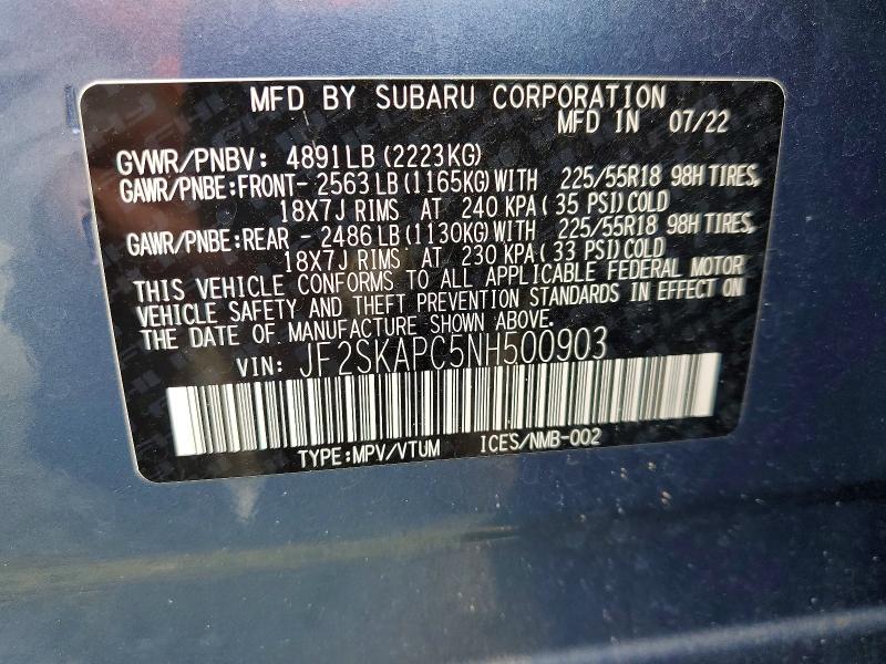 Продажа на аукционе авто 2022 Subaru Forester, vin: JF2SKAPC5NH500903, номер лота: 48155336