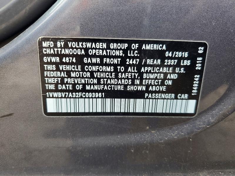 47625886 :رقم المزاد ، 1VWBV7A32FC093961 vin ، 2015 Volkswagen Passat مزاد بيع