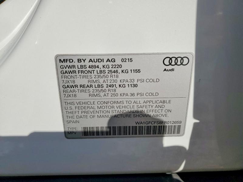 Продажа на аукционе авто 2015 Audi Q3, vin: WA1GFCFS8FR012659, номер лота: 46543656