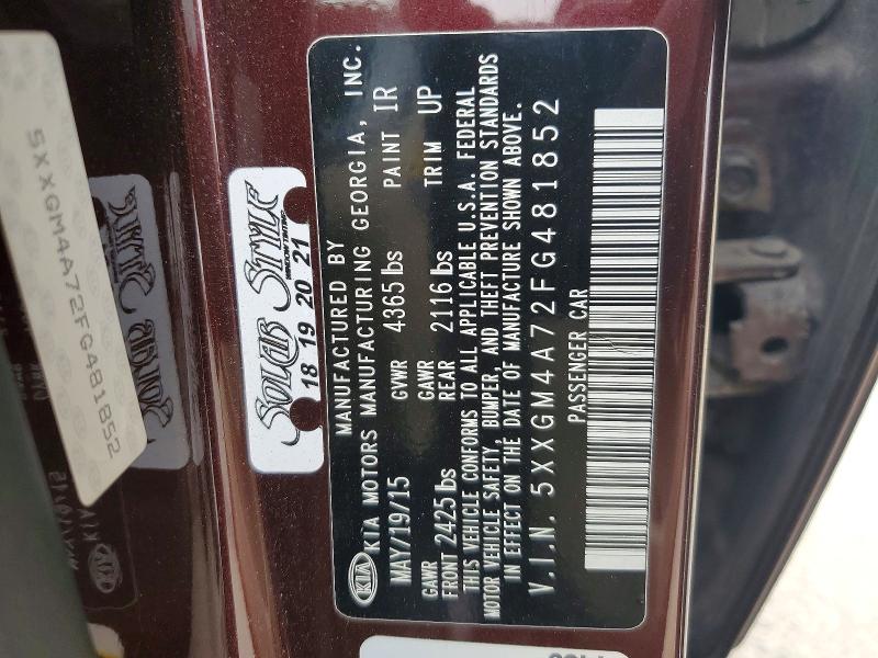 48051666 :رقم المزاد ، 5XXGM4A72FG481852 vin ، 2015 Kia Optima مزاد بيع