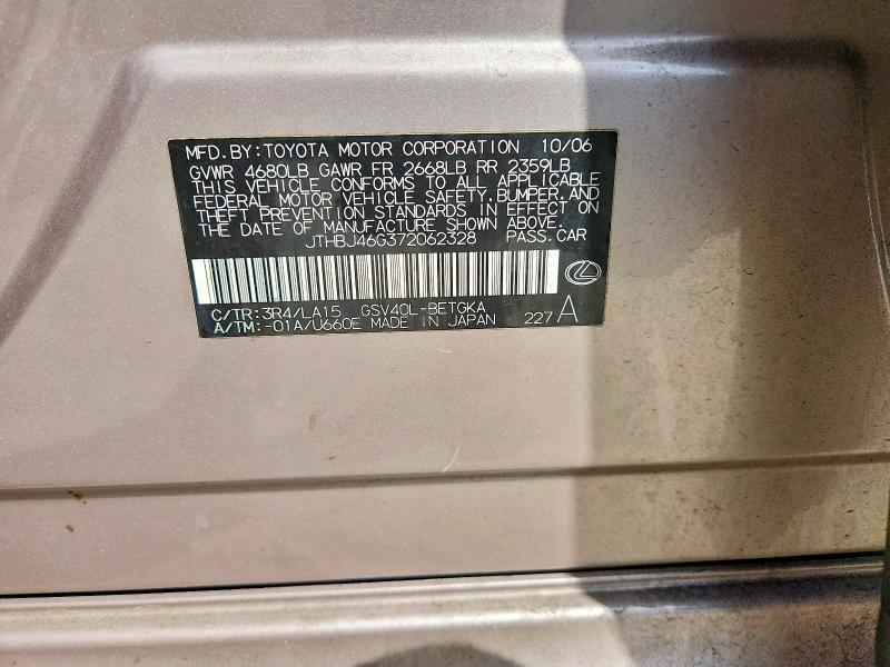 2007 Lexus Es 350 მანქანა იყიდება აუქციონზე, vin: JTHBJ46G372062328, აუქციონის ნომერი: 45902606