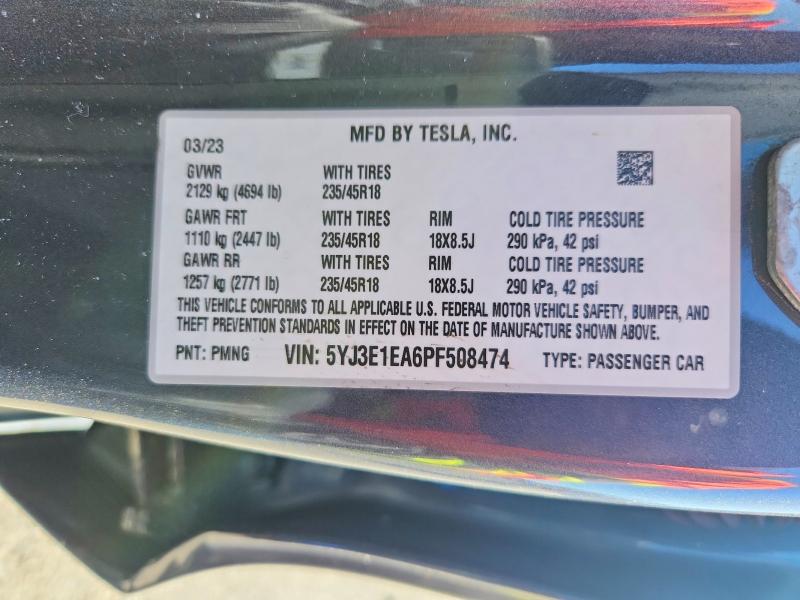 47041426 :رقم المزاد ، 5YJ3E1EA6PF508474 vin ، 2023 Tesla Model 3 مزاد بيع