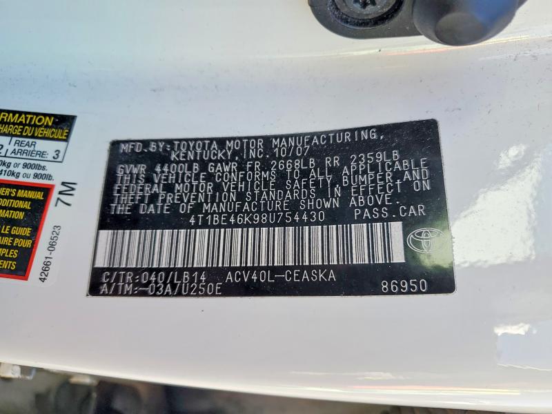 Продаж на аукціоні авто 2008 Toyota Camry Se 4dr, vin: 4T1BE46K98U754430, номер лоту: 47051806