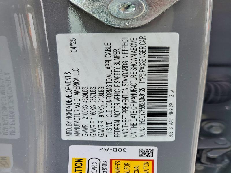2025 Honda Accord მანქანა იყიდება აუქციონზე, vin: 1HGCY2F59SA049135, აუქციონის ნომერი: 46869106