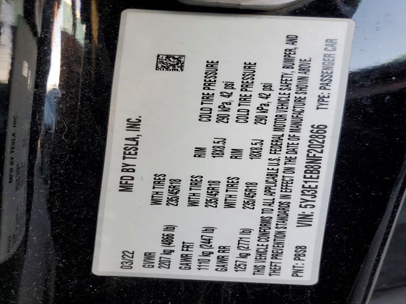 79590495 :رقم المزاد ، 5YJ3E1EB8NF202866 vin ، 2022 Tesla Model 3 مزاد بيع