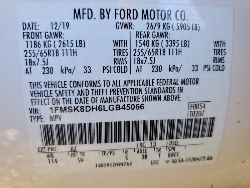 2020 Ford Explorer მანქანა იყიდება აუქციონზე, vin: 1FMSK8DH6LGB45066, აუქციონის ნომერი: 46212156