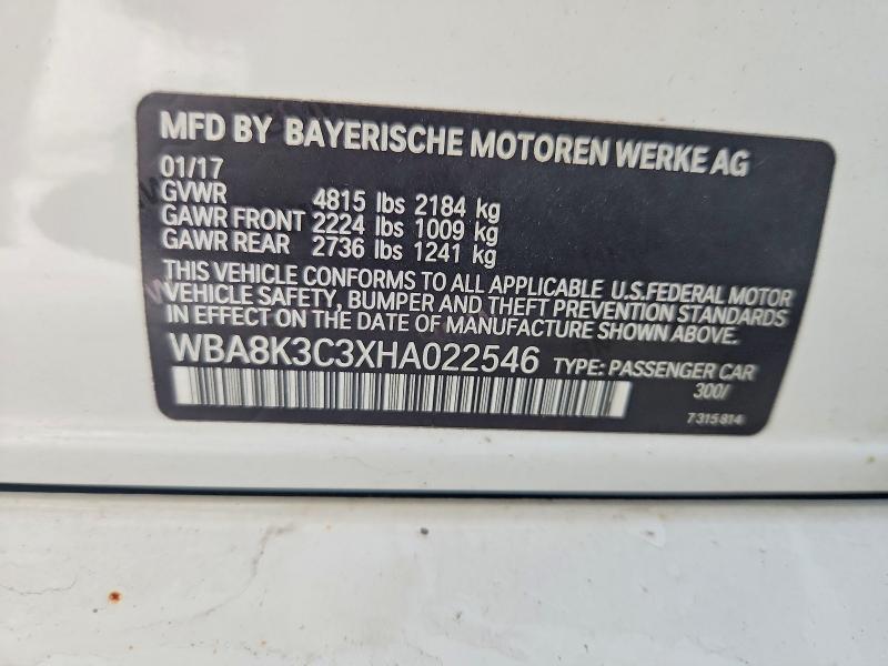 2017 Bmw 330 მანქანა იყიდება აუქციონზე, vin: WBA8K3C3XHA022546, აუქციონის ნომერი: 79643285