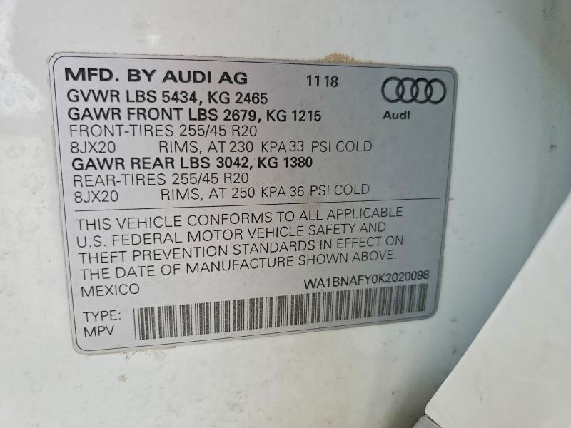 2019 Audi Q5 მანქანა იყიდება აუქციონზე, vin: WA1BNAFY0K2020098, აუქციონის ნომერი: 46961396