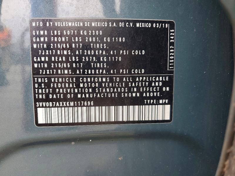 47430846 :رقم المزاد ، 3VV0B7AXXKM117696 vin ، 2019 Volkswagen Tiguan مزاد بيع