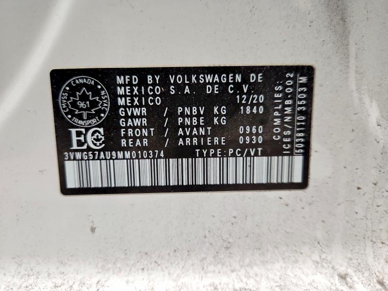 Aukcja sprzedaży 2021 Volkswagen Golf, vin: 3VWG57AU9MM010374, numer aukcji: 75201925