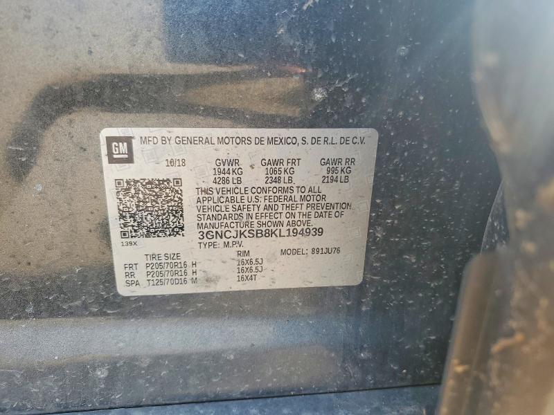 2019 Chevrolet Trax მანქანა იყიდება აუქციონზე, vin: 3GNCJKSB8KL194939, აუქციონის ნომერი: 45996886