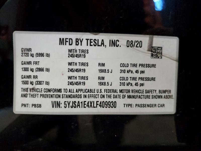 Auction sale of the 2020 Tesla Model S, vin: 5YJSA1E4XLF409930, lot number: 79002005