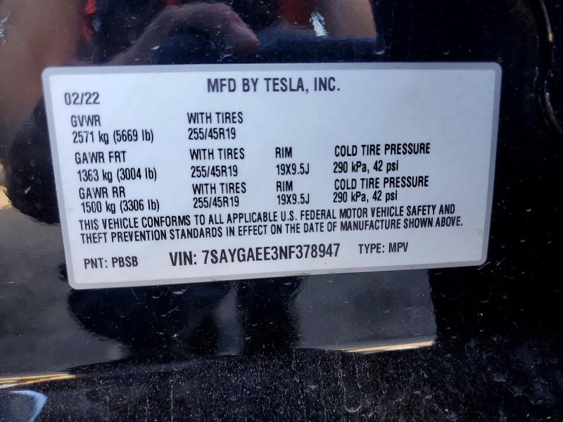Продажа на аукционе авто 2022 Tesla Model Y, vin: 7SAYGAEE3NF378947, номер лота: 48161646