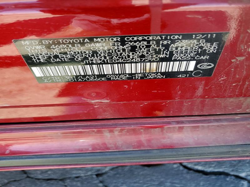 2012 Lexus Es 350 მანქანა იყიდება აუქციონზე, vin: JTHBK1EG4C2487290, აუქციონის ნომერი: 47305716