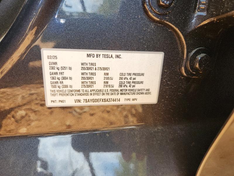 47946116 :رقم المزاد ، 7SAYGDEFXSA374414 vin ، 2025 Tesla Model Y مزاد بيع