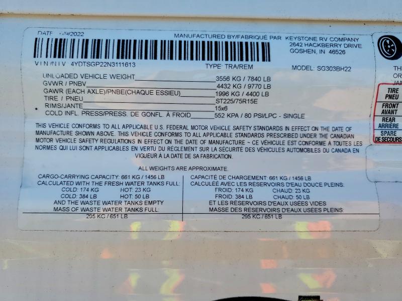 Продажа на аукционе авто 2022 Springdale Recreational Vehicle (rv), vin: 4YDTSGP22N3111613, номер лота: 46702306