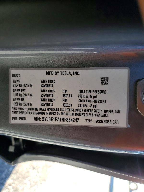Продаж на аукціоні авто 2024 Tesla Model 3, vin: 5YJ3E1EA1RF854242, номер лоту: 79370455