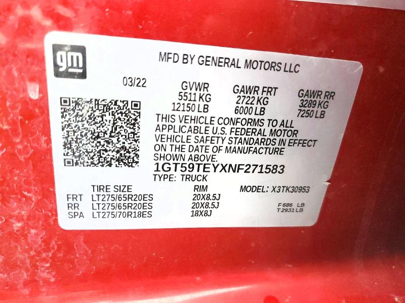 2022 Gmc Sierra მანქანა იყიდება აუქციონზე, vin: 1GT59TEYXNF271583, აუქციონის ნომერი: 79446555