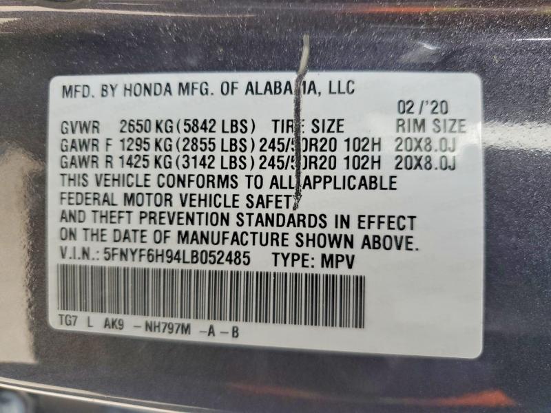 Продаж на аукціоні авто 2020 Honda Pilot, vin: 5FNYF6H94LB052485, номер лоту: 46429356