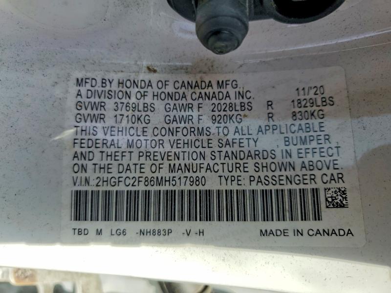 47124836 :رقم المزاد ، 2HGFC2F86MH517980 vin ، 2021 Honda Civic مزاد بيع