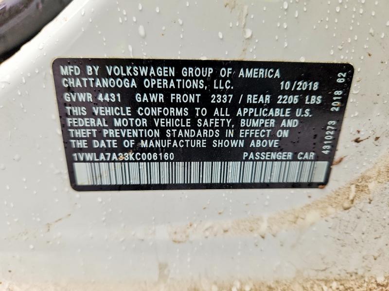 Продаж на аукціоні авто 2019 Volkswagen Passat, vin: 1VWLA7A33KC006160, номер лоту: 47196146