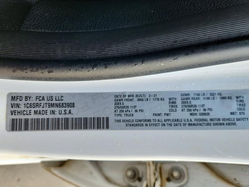 2021 Ram 1500 მანქანა იყიდება აუქციონზე, vin: 1C6SRFJT9MN683908, აუქციონის ნომერი: 47118246