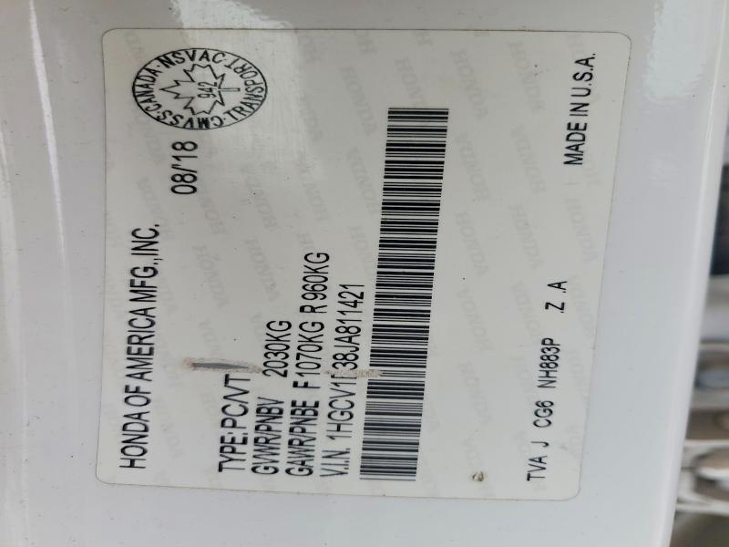 2018 Honda Accord მანქანა იყიდება აუქციონზე, vin: 1HGCV1F38JA811421, აუქციონის ნომერი: 46130766